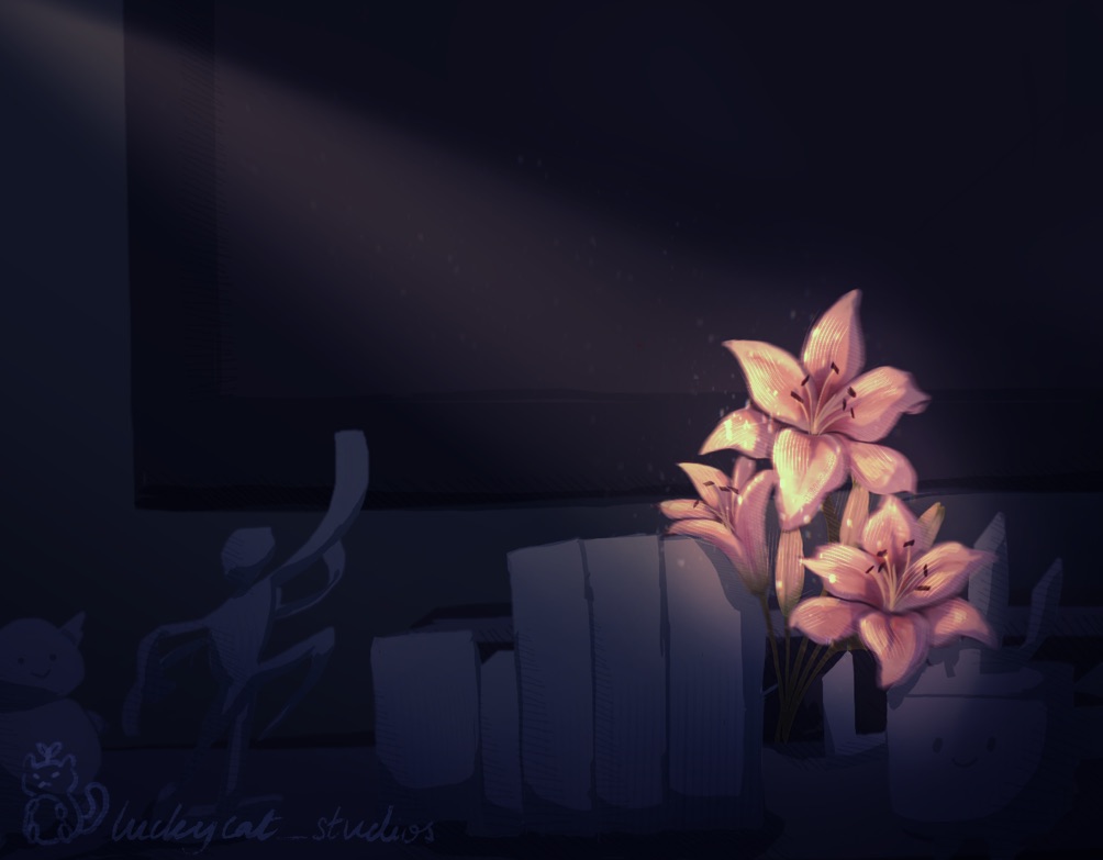 Night scene illustration with pink lilies