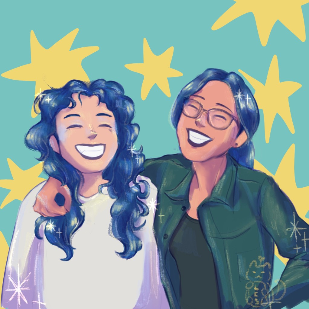 Portrait illustration of two smiling friends with star background